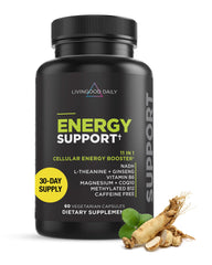 Livingood Daily Energy Support bottle front for caffeine-free energy and daytime focus.