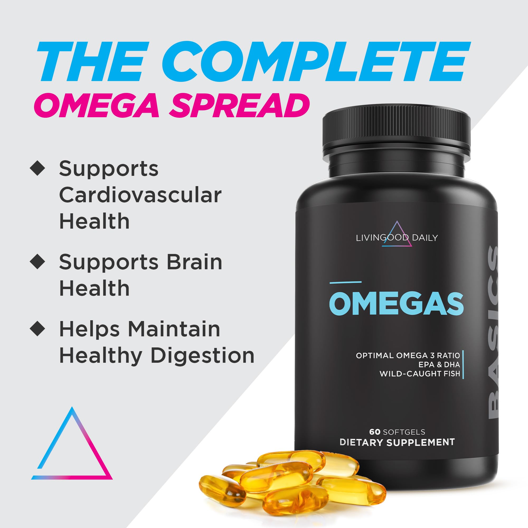 Close-up of two omega-3 softgels