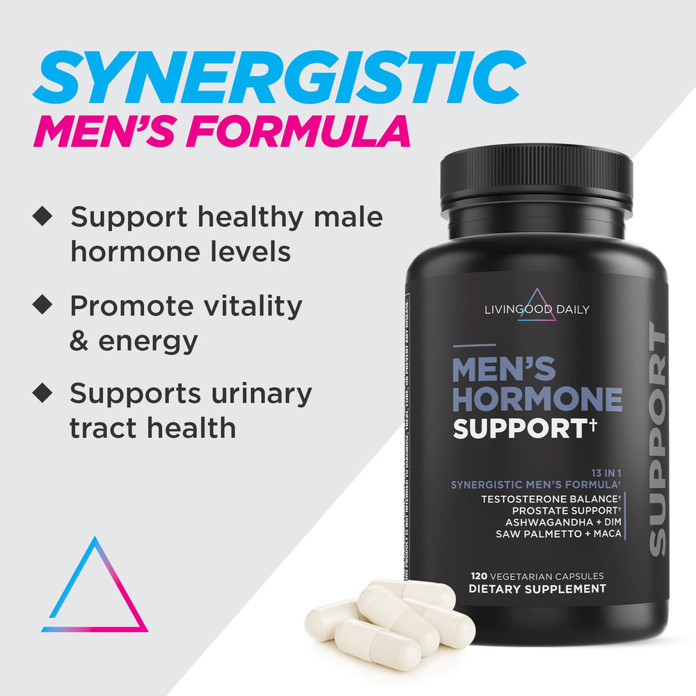 Livingood Daily men's hormone-support bottle back view highlighting ingredients for comprehensive hormone support