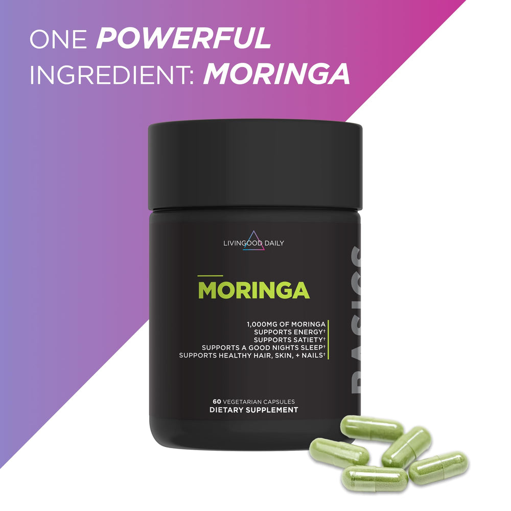 Back label with ingredients and nutrition facts on Moringa Capsules