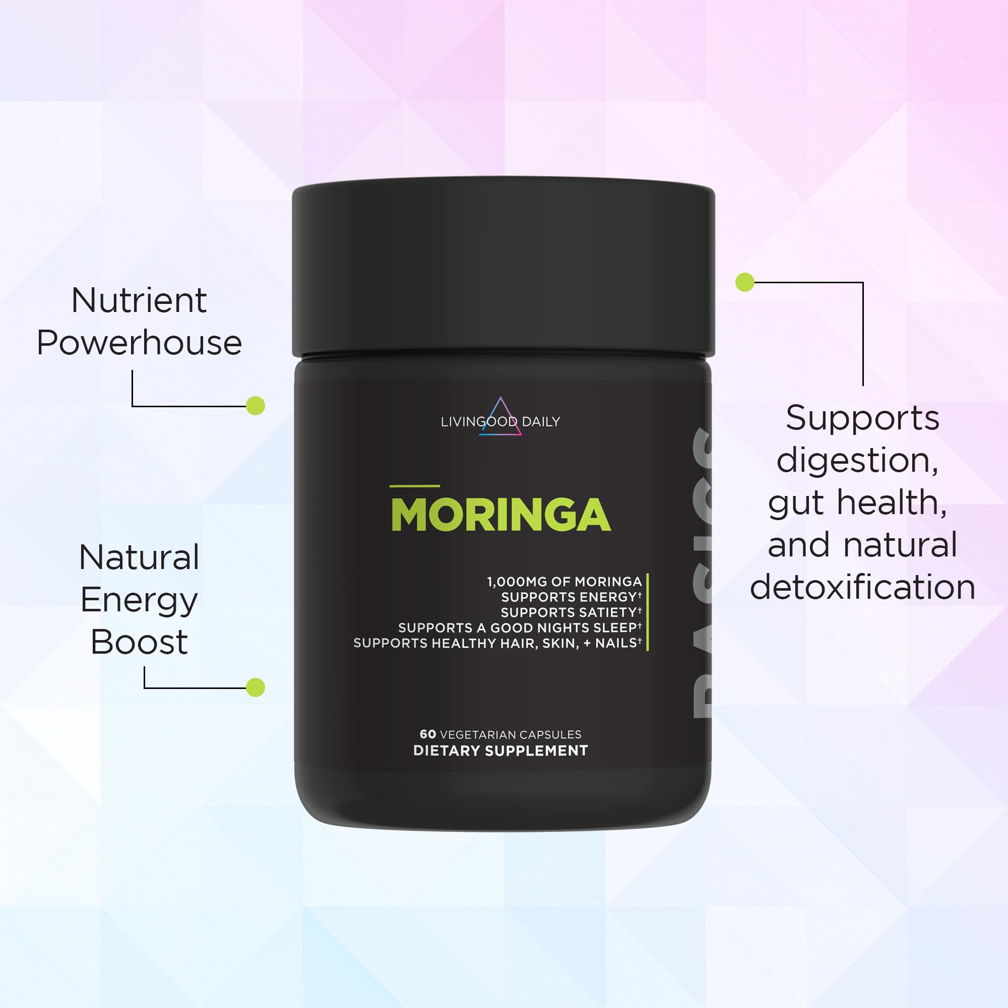 Close-up of 1000 mg moringa leaf powder capsules