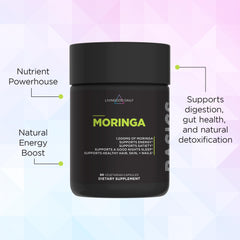 Close-up of 1000 mg moringa leaf powder capsules