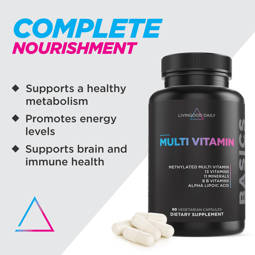 Close-up of B vitamins, iron, zinc and selenium ingredients in Livingood Daily multivitamin