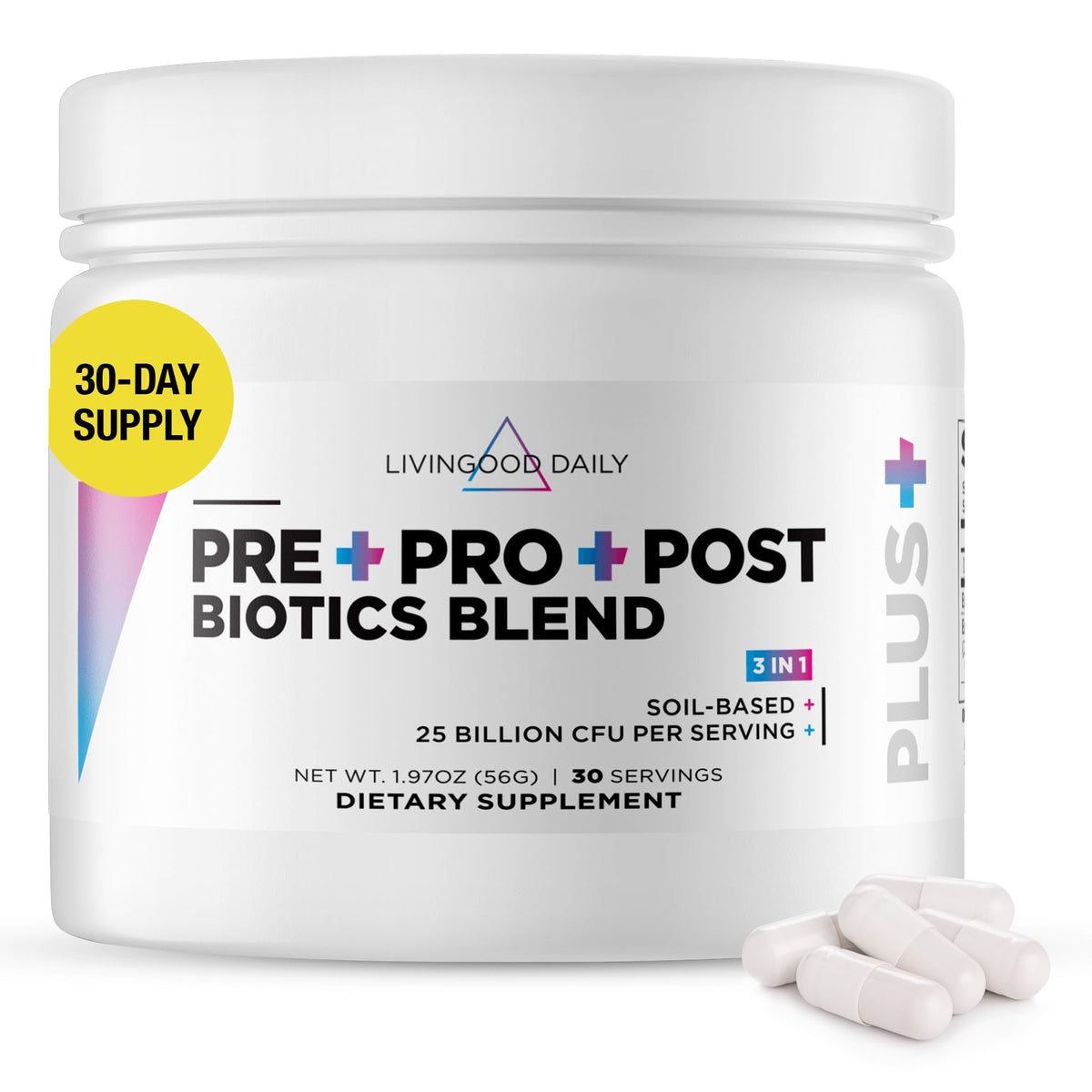 Front view of Livingood Daily Pre Pro Post Biotics Blend Powder with 30 servings