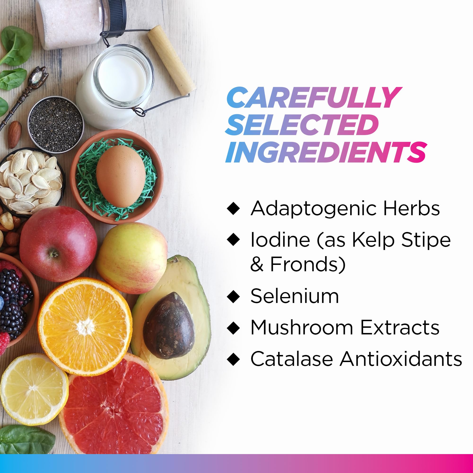 Illustration of key thyroid nutrients: iodine, selenium, magnesium, zinc