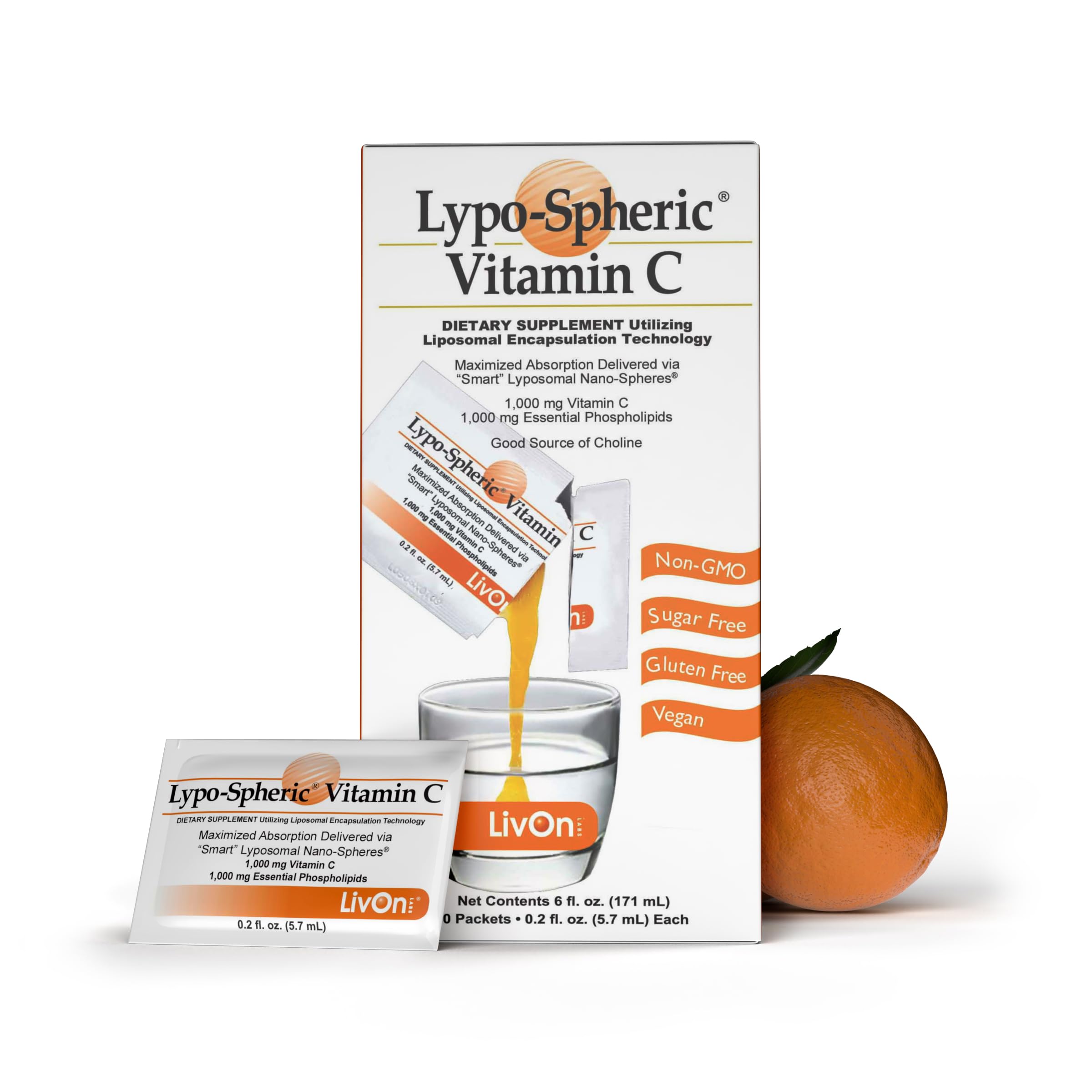 Front view of LivOn Labs Lypo-Spheric Vitamin C 1000 mg packets