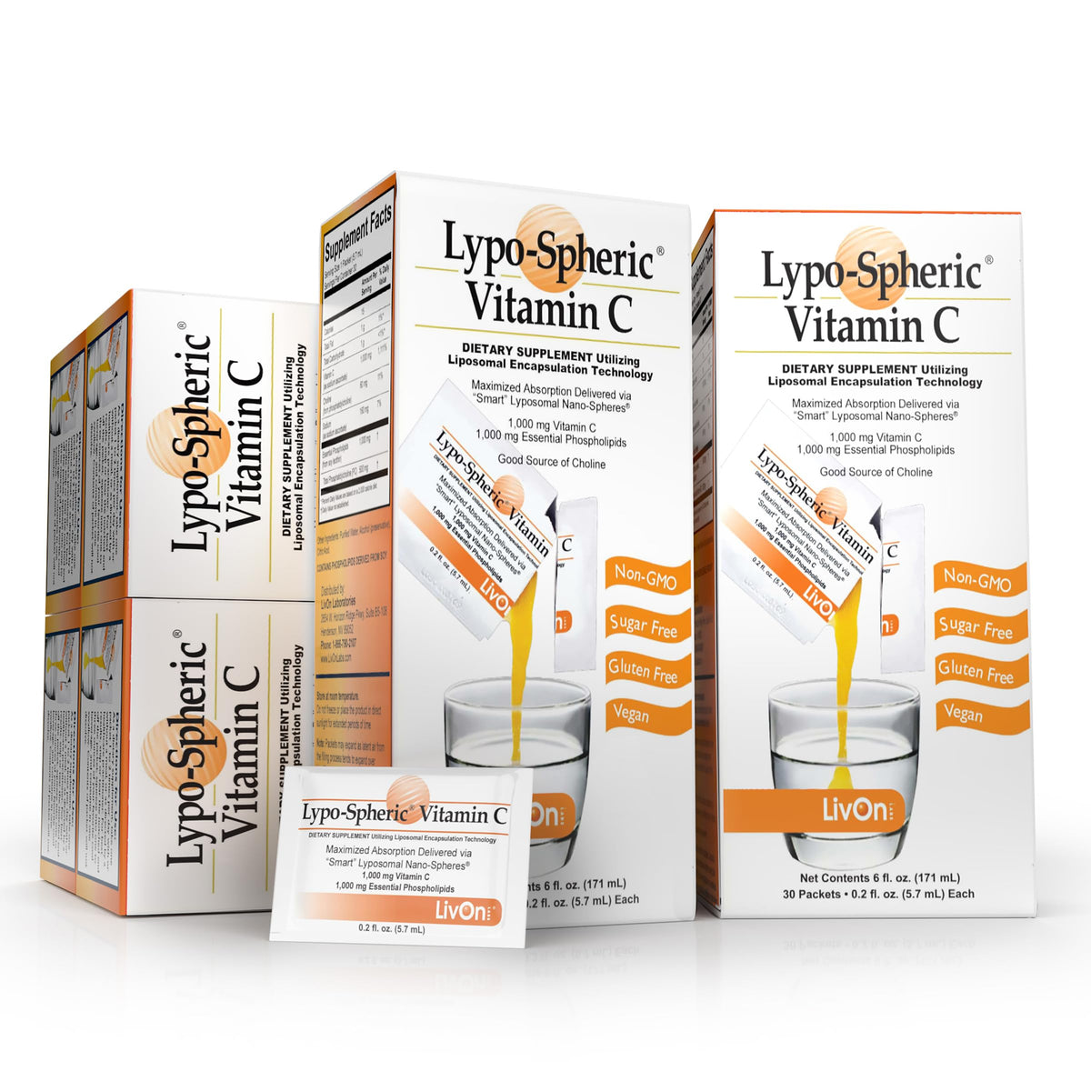 LivOn Liposomal Vitamin C six-carton package with 180 packets