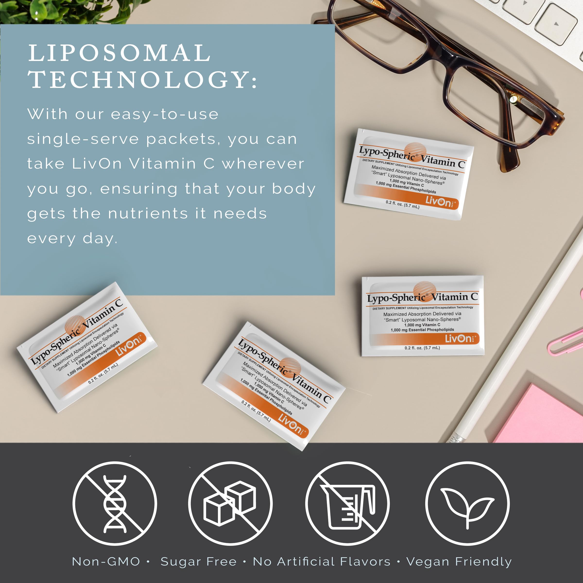 LivOn Lypo-Spheric packaging shot suggests ready-to-use packets for active lifestyles