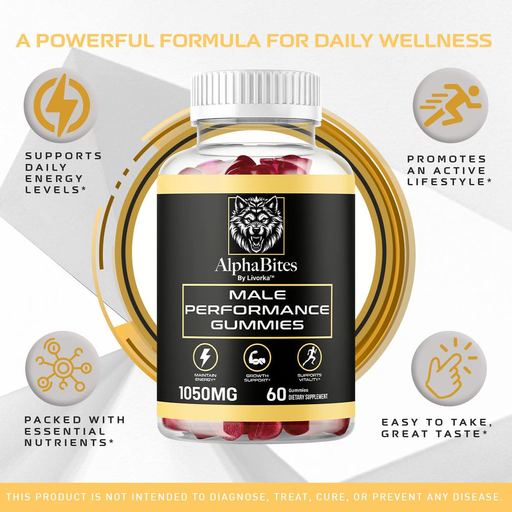 LIVORKA Alpha Bites for men gummies emphasize male focused performance support.