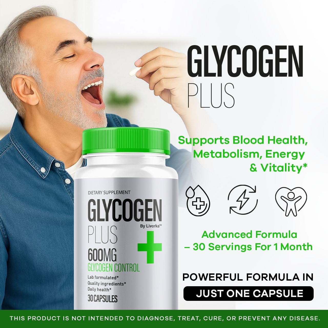 Close-up of LIVORKA Glycogen Plus 600mg bottle