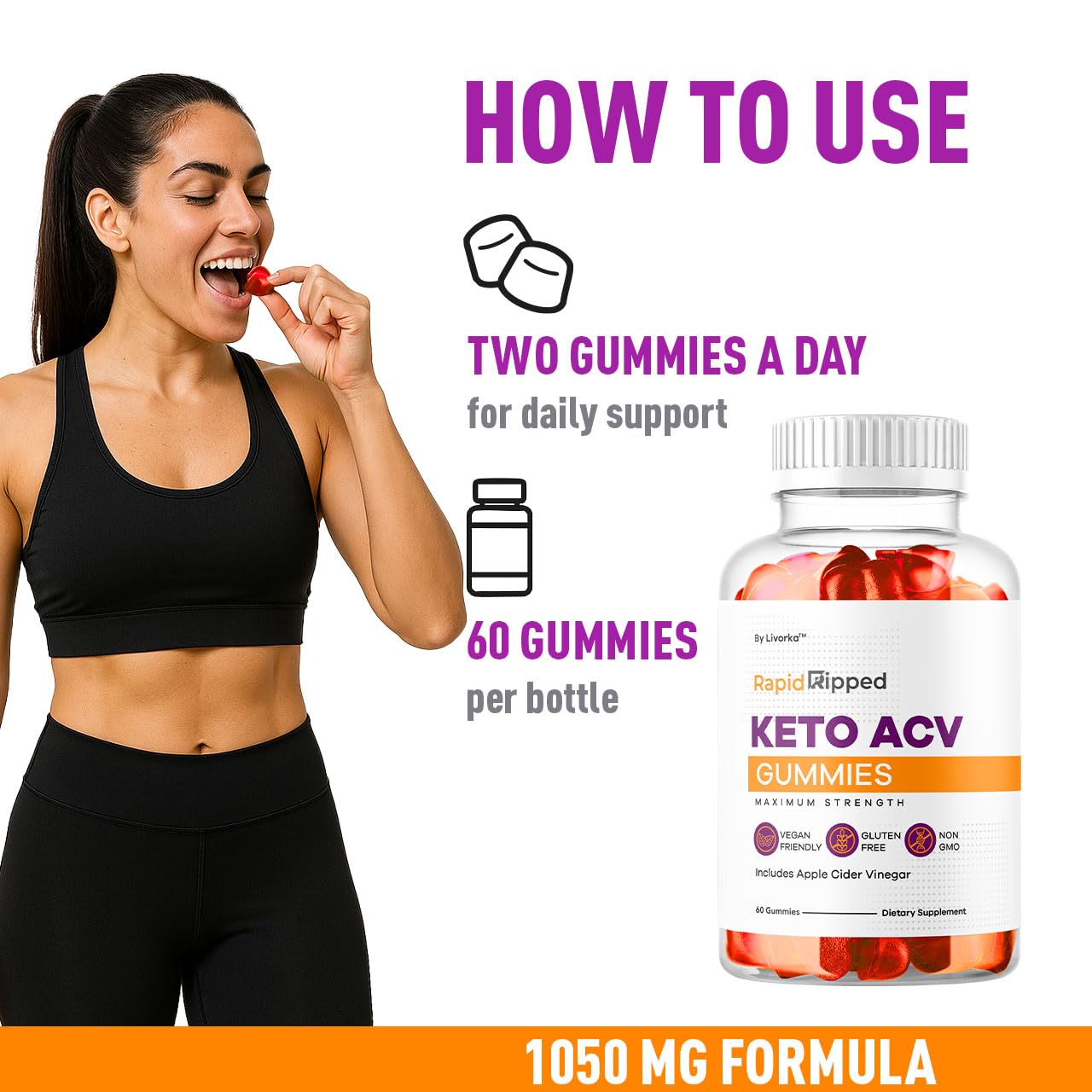 LIVORKA Rapid Ripped Keto ACV Gummies serving illustrates simple 2-gummy daily ritual.