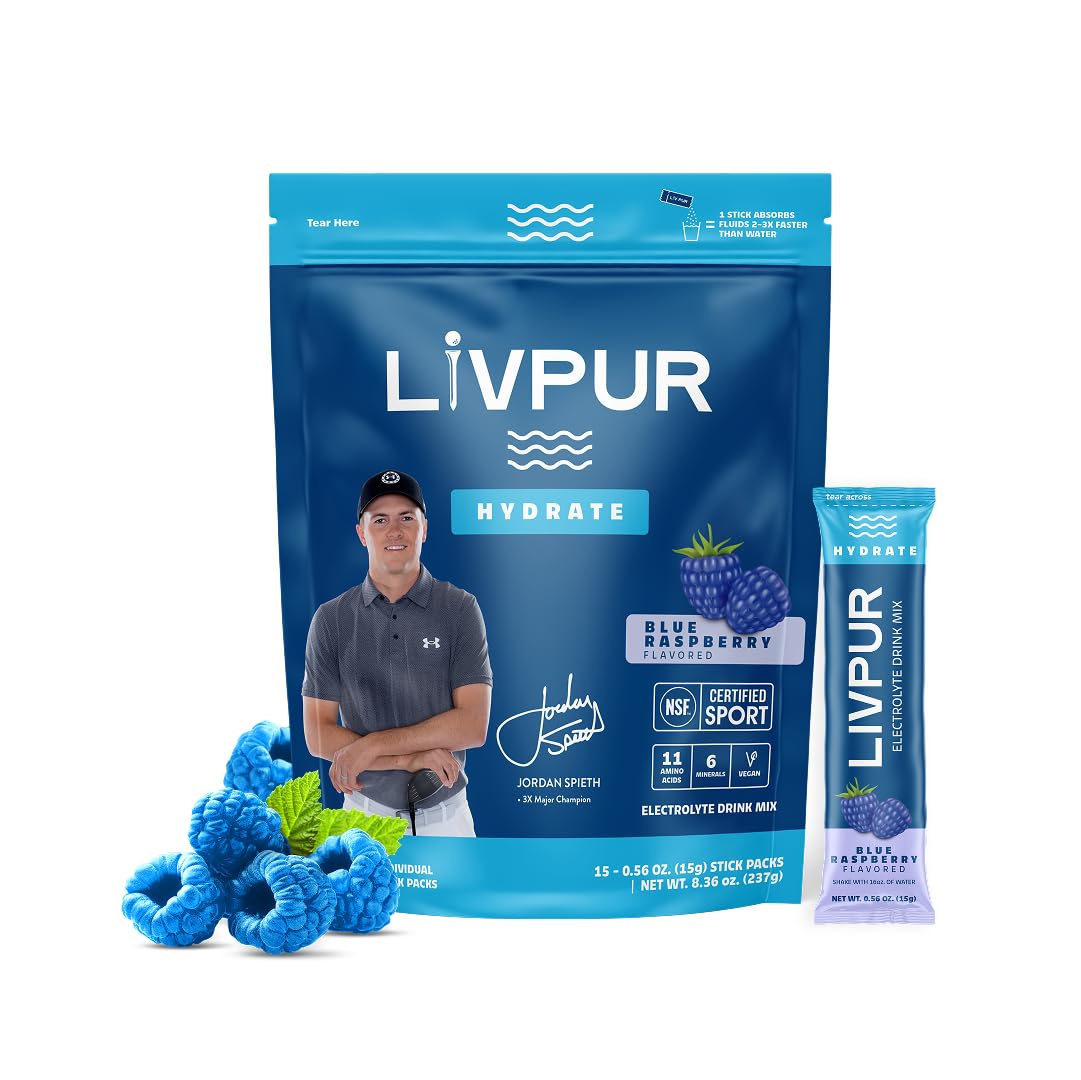 LivPur Electrolyte Drink Mix blue raspberry packet ready for on-the-go hydration.