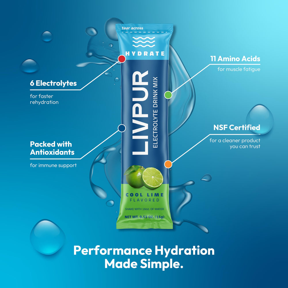 LivPur Electrolyte Drink Mix prepared drink in glass shows refreshing hydration.