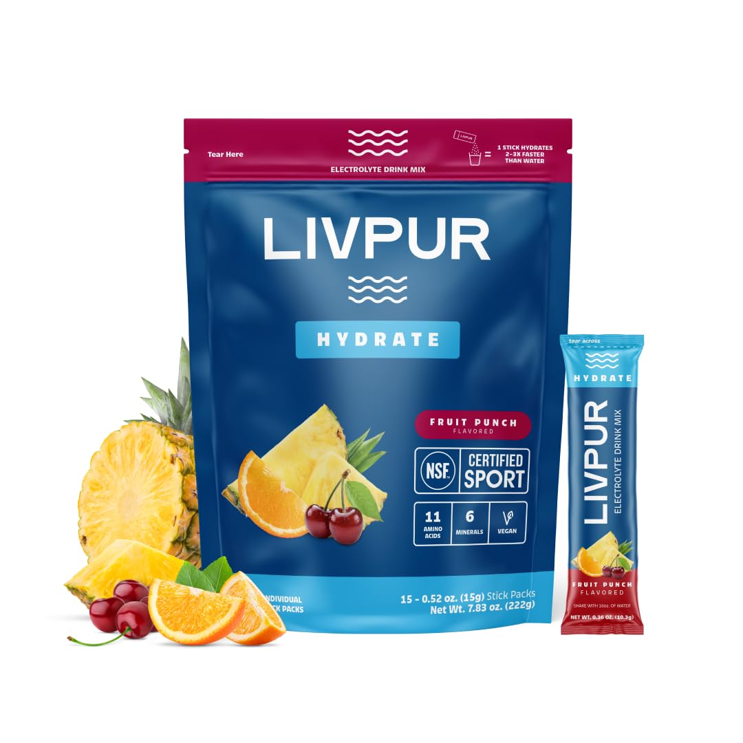 LivPur Electrolyte Drink Mix fruit punch stick dissolving in water for quick hydration
