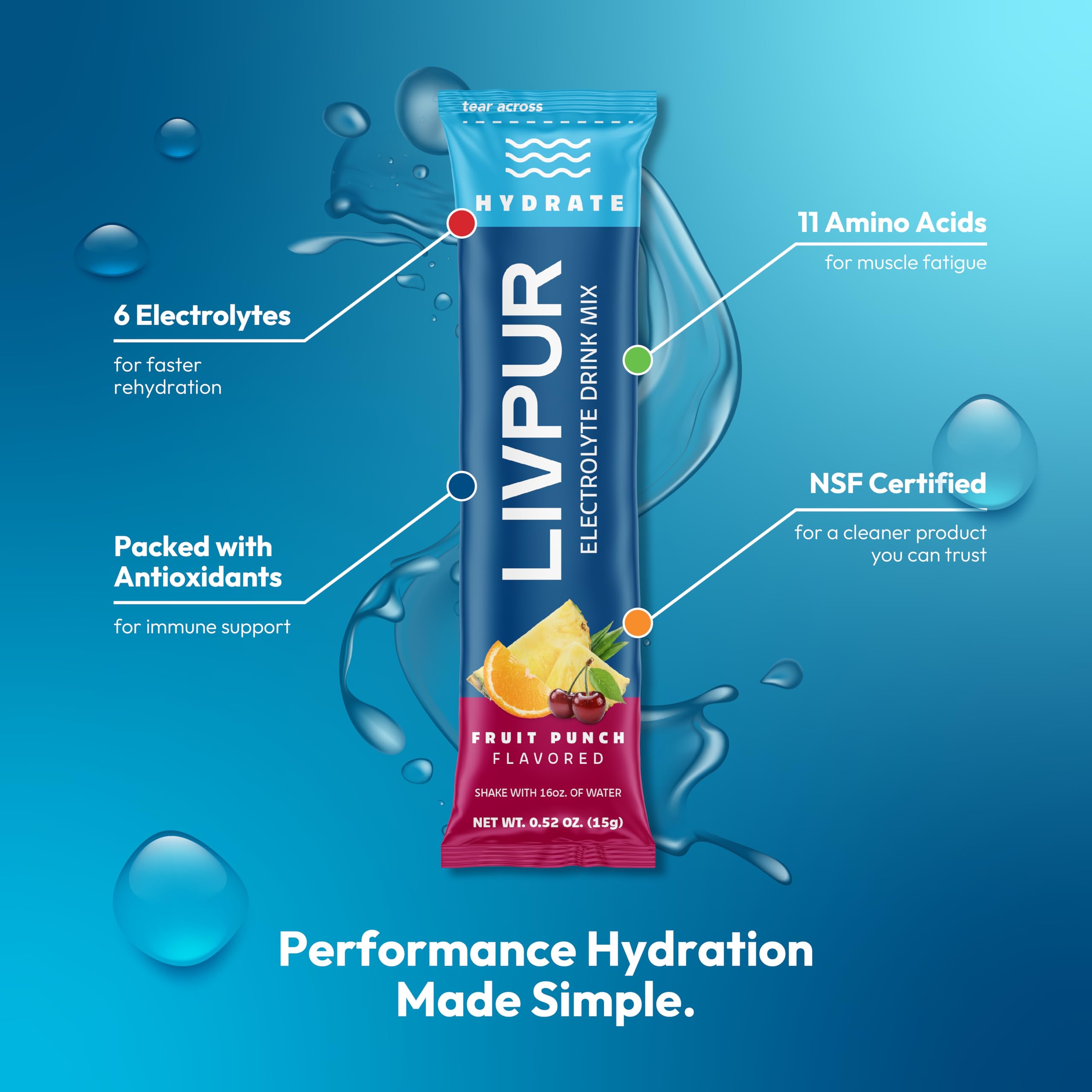 LivPur Hydrate being poured into a glass with fruit punch flavor for refreshment