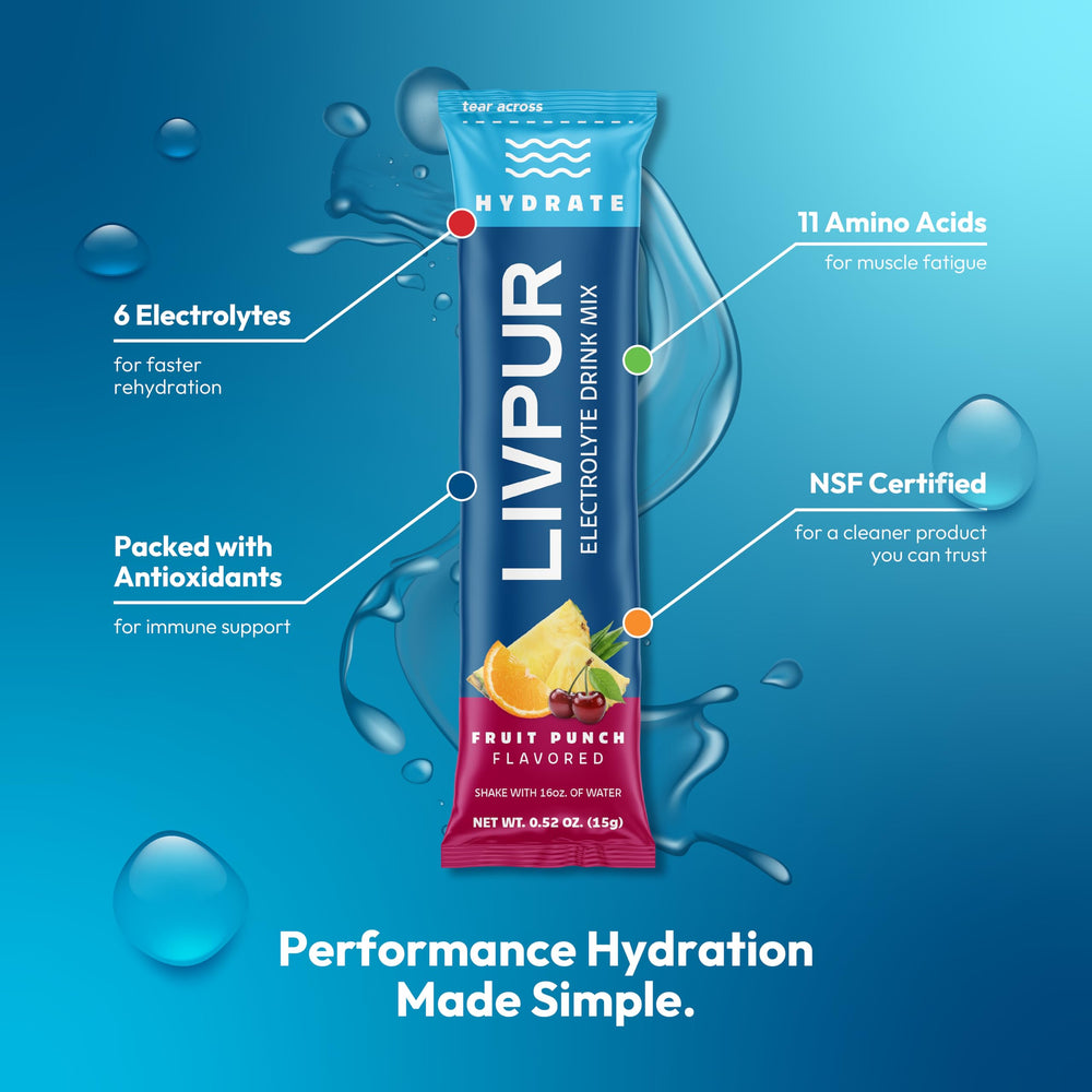 LivPur Hydrate being poured into a glass with fruit punch flavor for refreshment