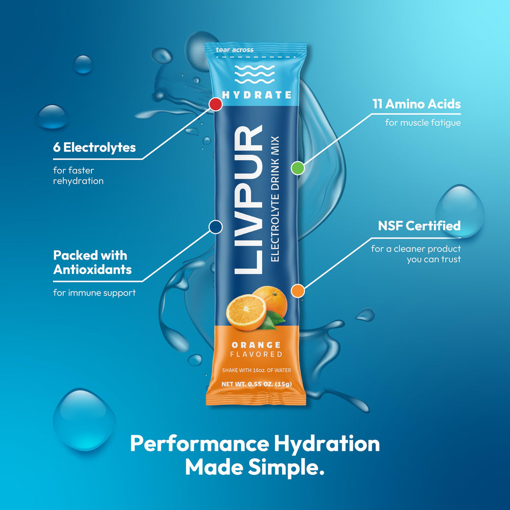 LivPur hydration in a glass with orange flavor for refreshing, easy mixing.