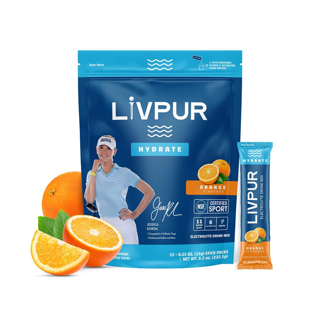 LivPur orange electrolyte stick-pack dissolving for quick hydration on the go.