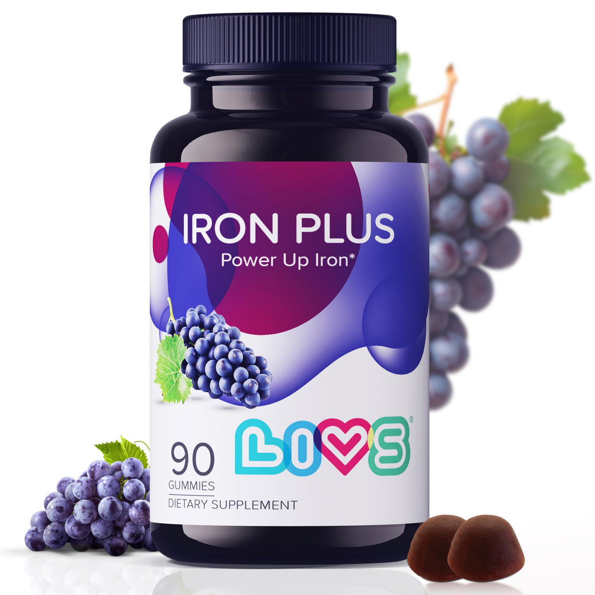 Bottle of LIVS Iron Gummies on a white background