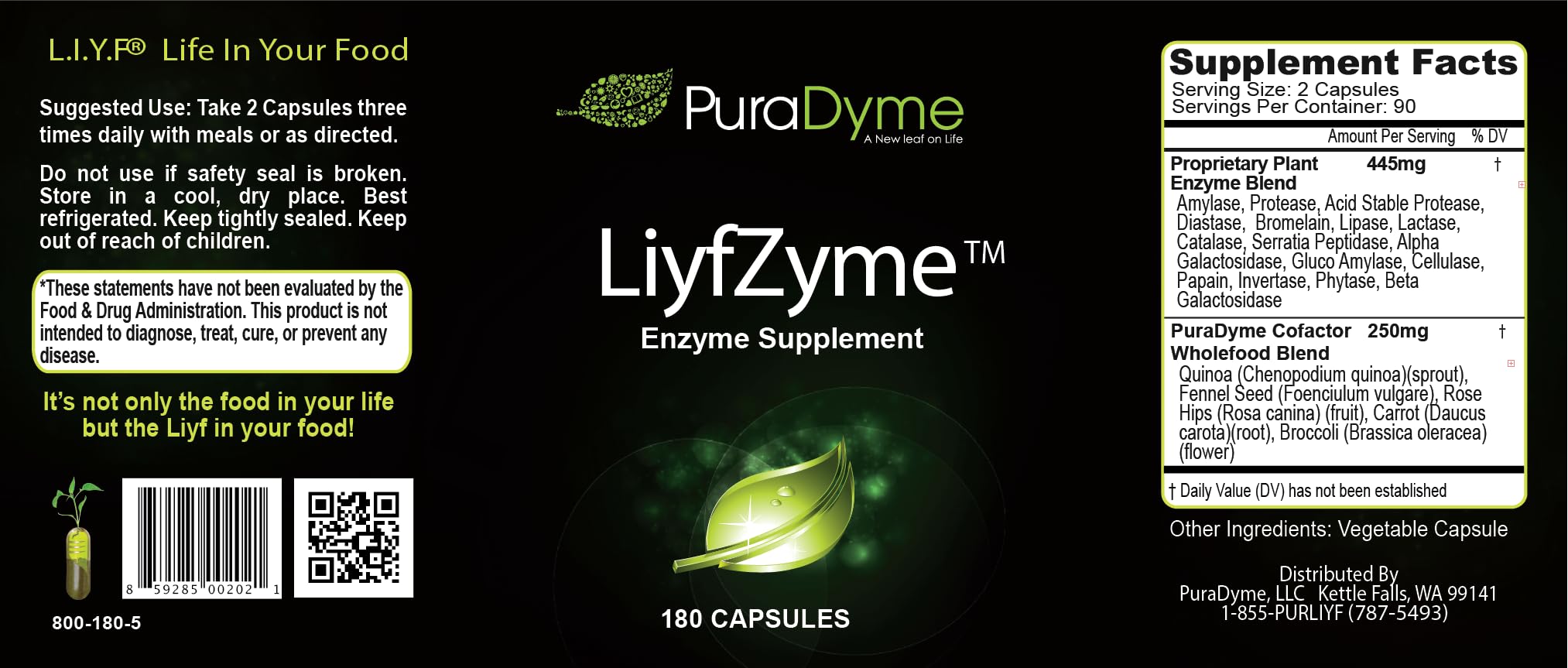 Front view of LiyfZyme digestive enzyme bottle showing 16 enzyme blend