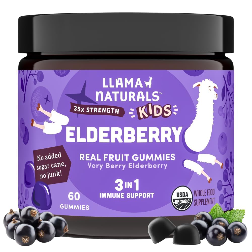 Front view of Llama Naturals Elderberry Gummies for Kids bottle with label