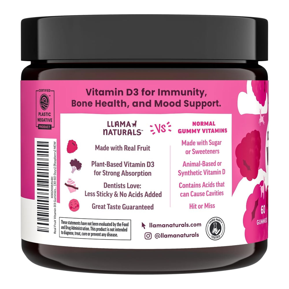 Nutrition facts label for Llama Naturals Vitamin D3 Raspberry Gummies