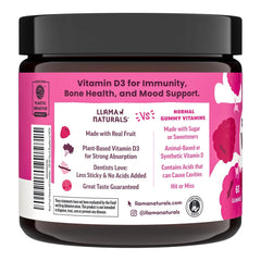Nutrition facts label for Llama Naturals Vitamin D3 Raspberry Gummies