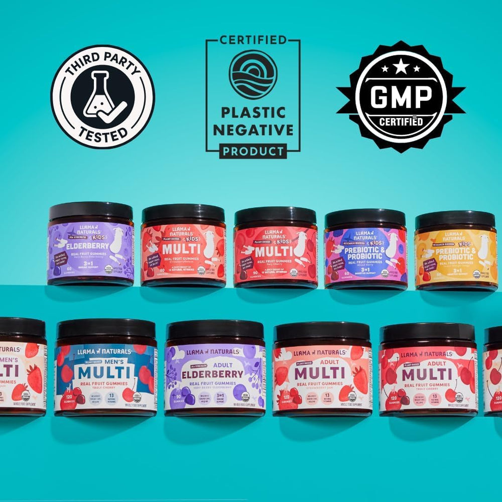 Box and bottle packaging of Llama Naturals Vitamin D3 Raspberry Gummies