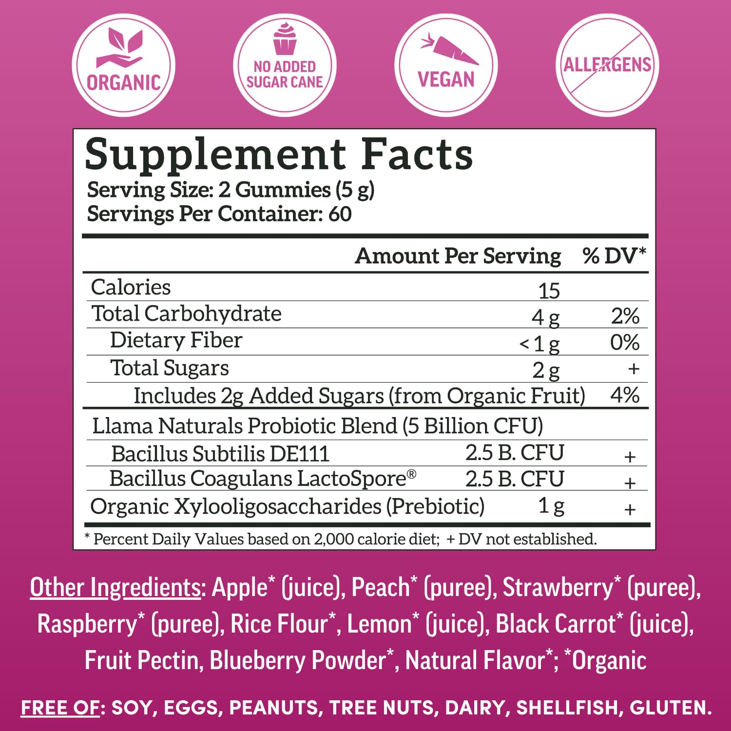 Vegan organic label on Llama Naturals Probiotics packaging