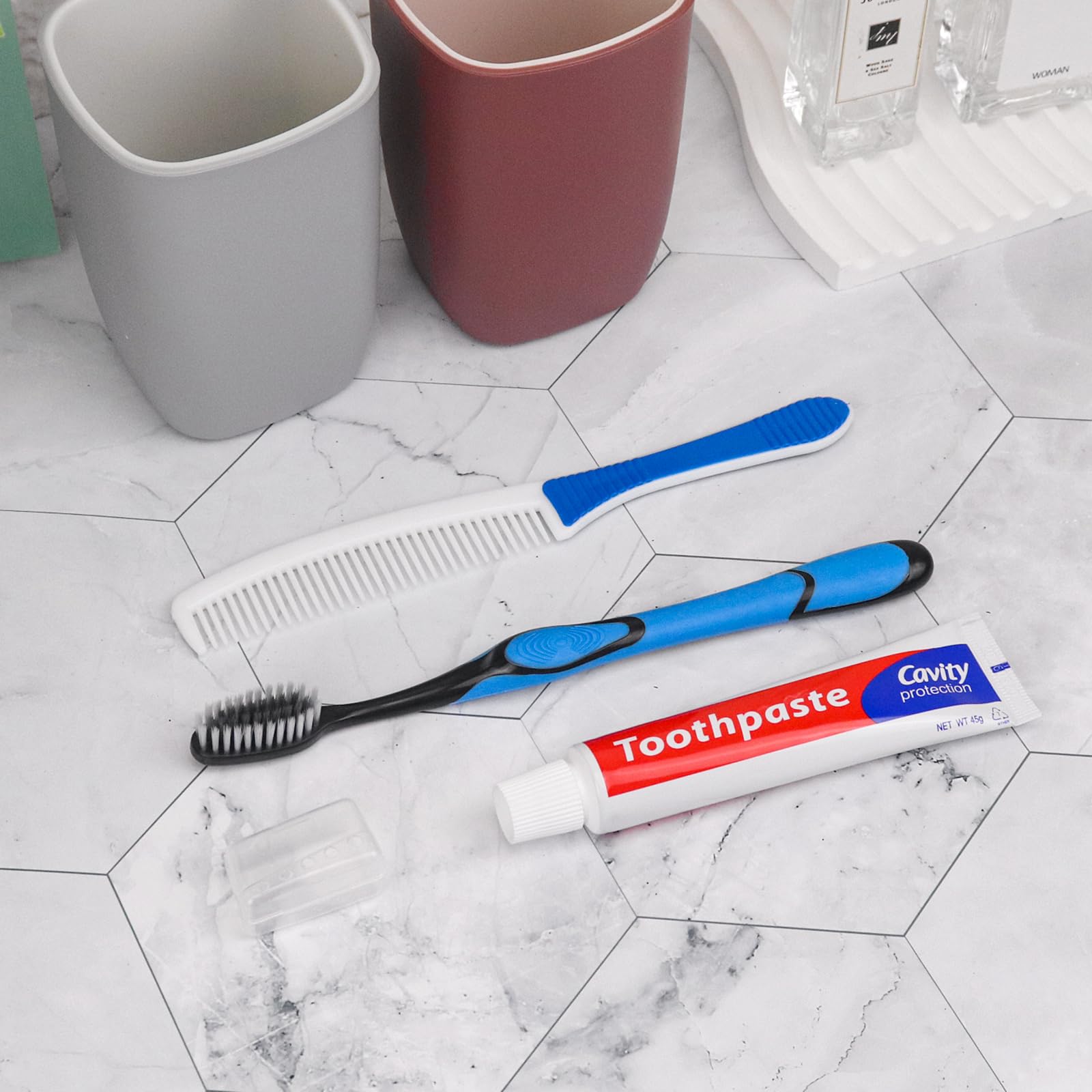 Individually wrapped toothbrush with transparent protective case and toothpaste