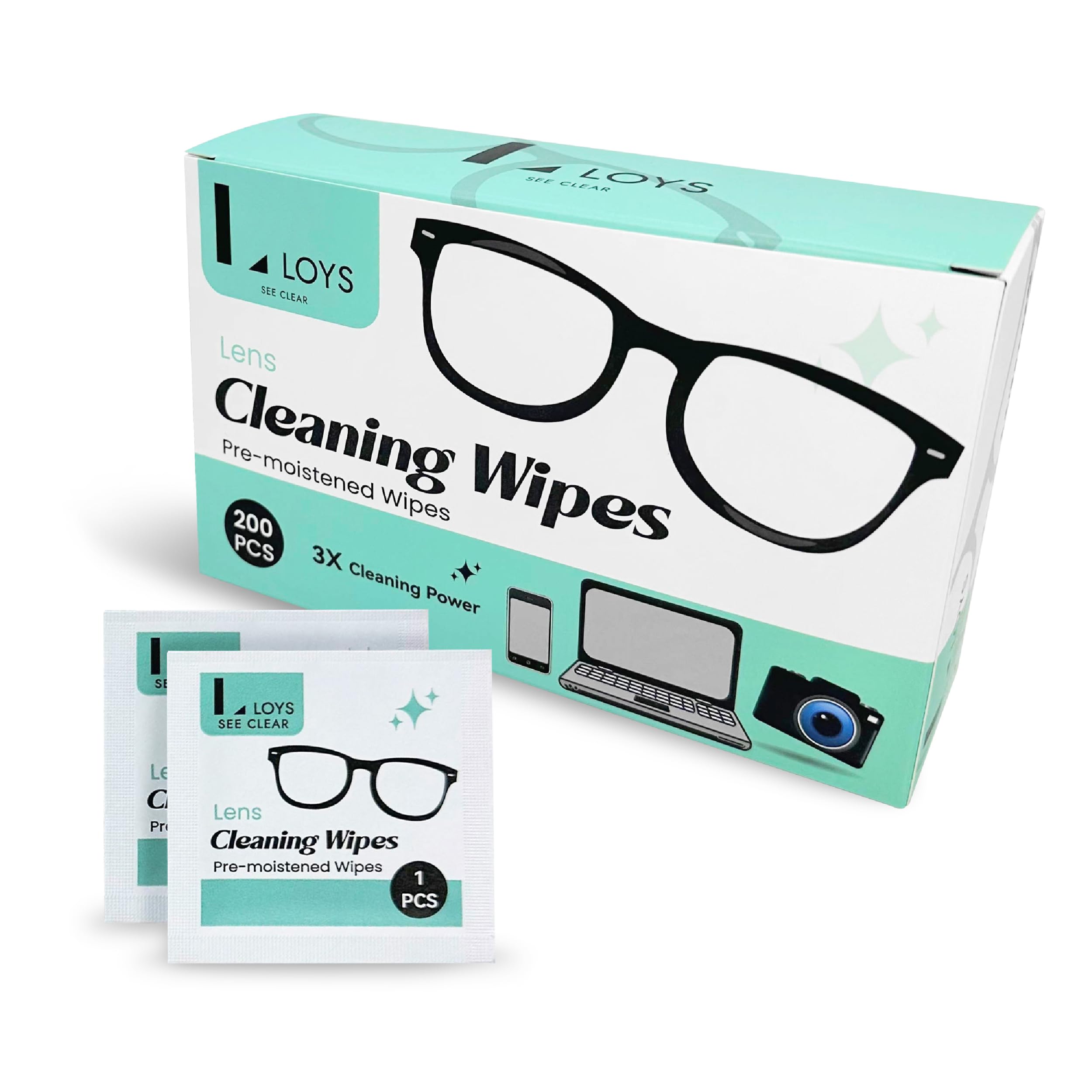 Box of Lloys Lens Cleaning Wipes - 200 pre-moistened, individually wrapped