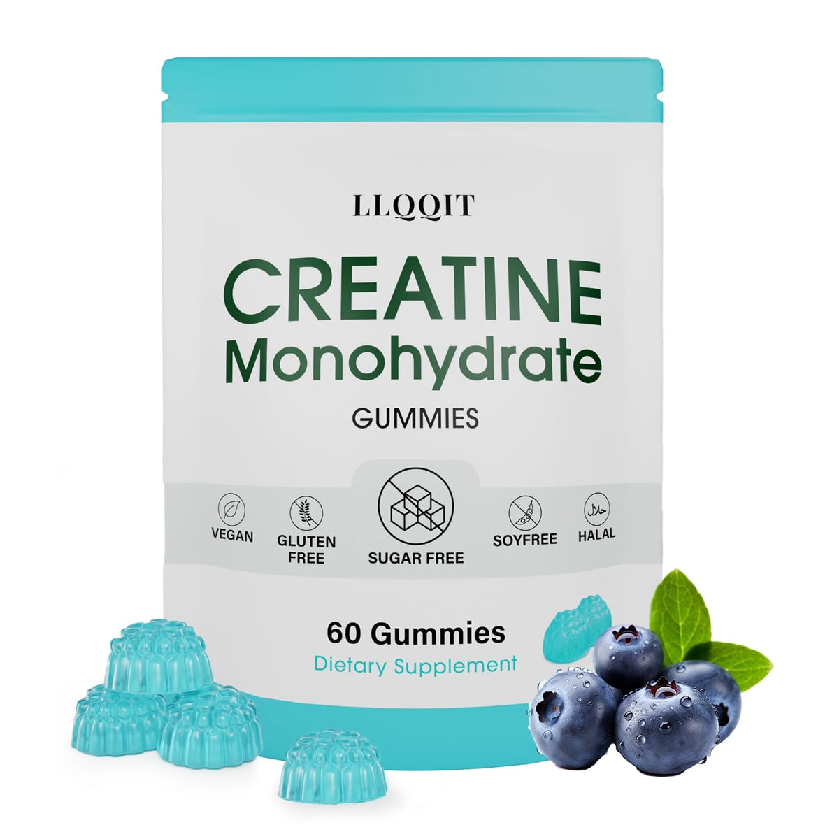 LLQQIT Creatine Monohydrate Gummies bottle label - Blueberry flavor