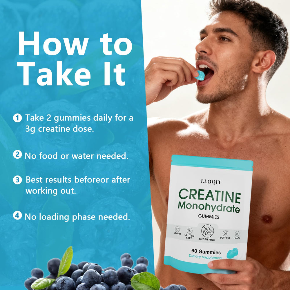 Front view of LLQQIT 60-count bottle of Creatine Monohydrate Gummies