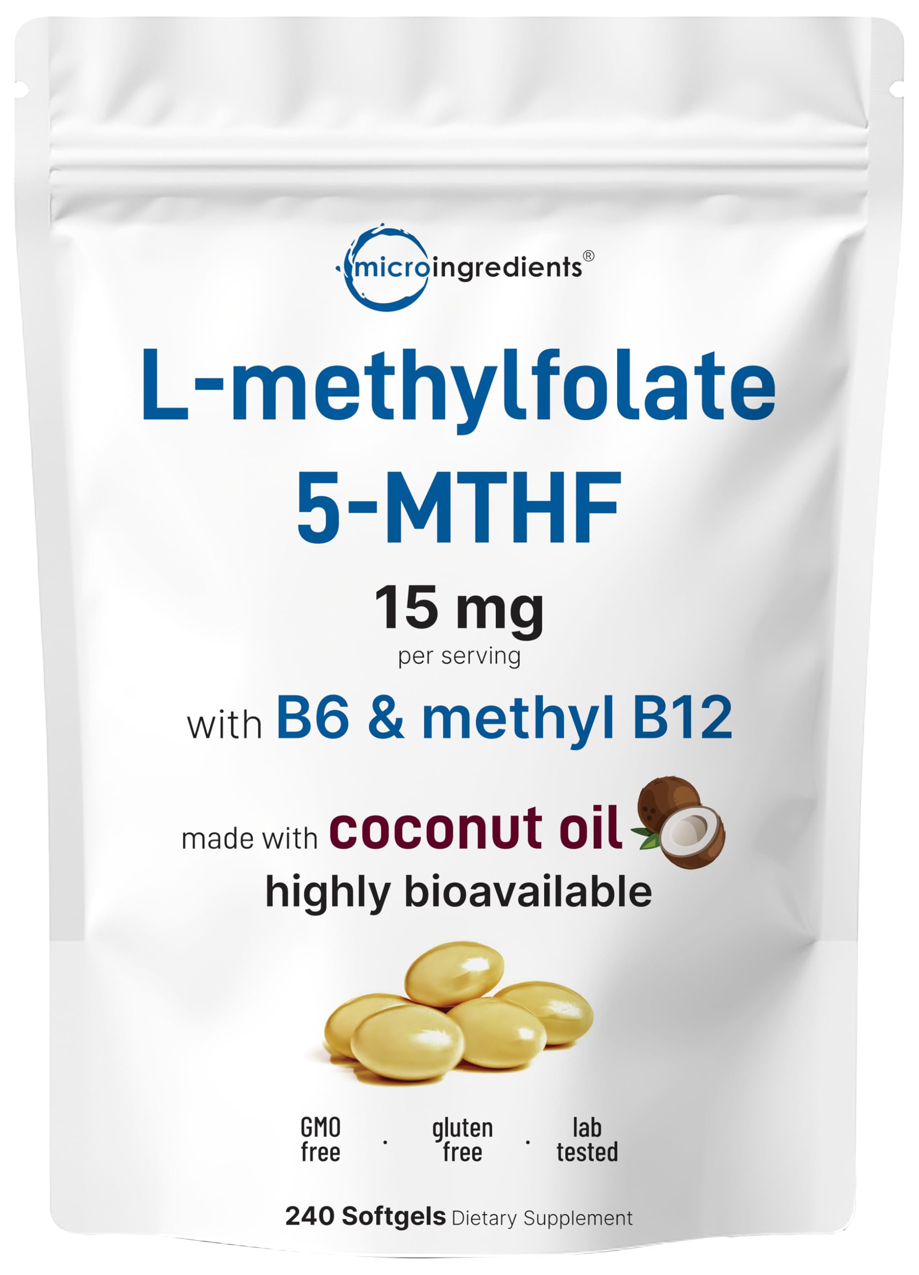 L-Methylfolate 15mg with B6 and Methyl B12 softgels in coconut oil