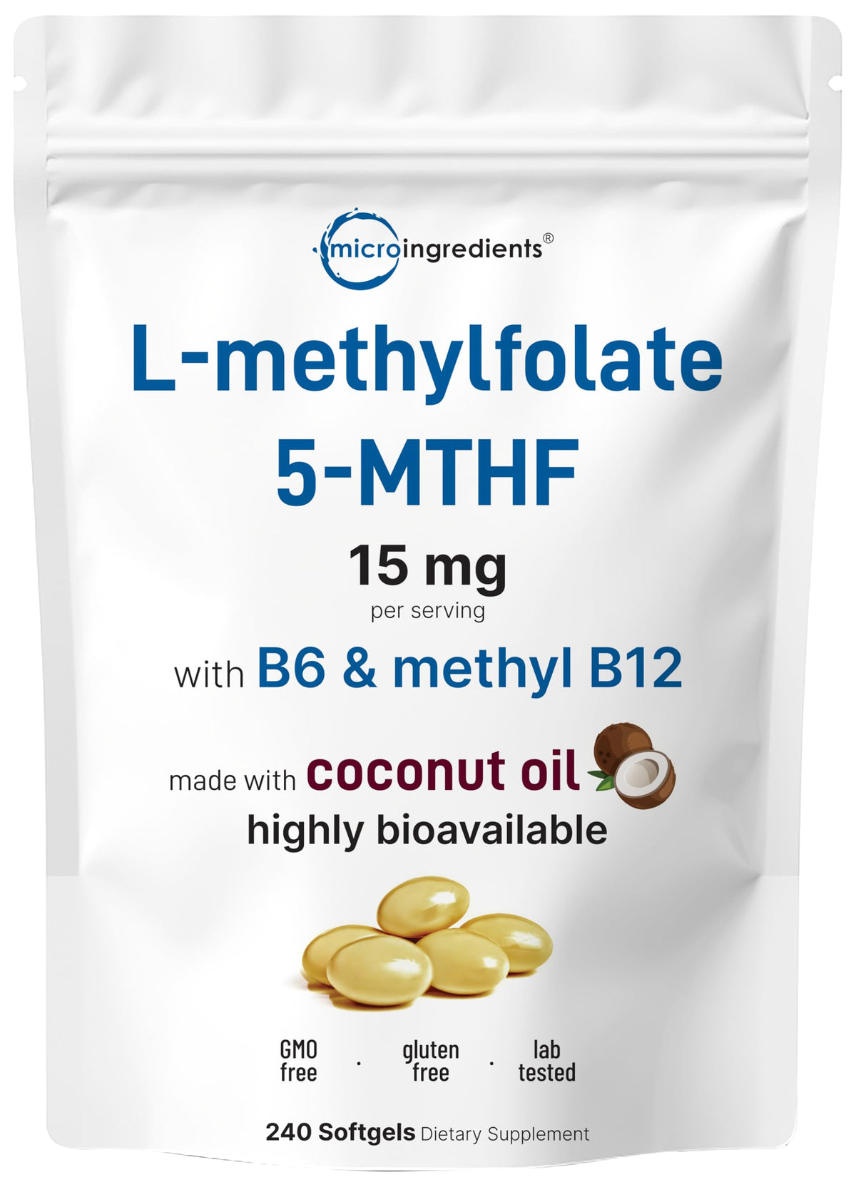 L-Methylfolate 15mg with B6 and Methyl B12 softgels in coconut oil