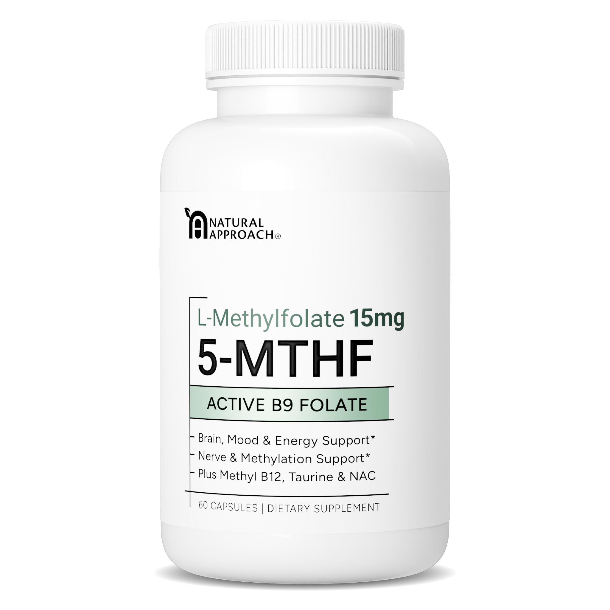 Bottle of L-Methylfolate 15 mg with Methyl B12, D3, NAC, Taurine | 60 capsules