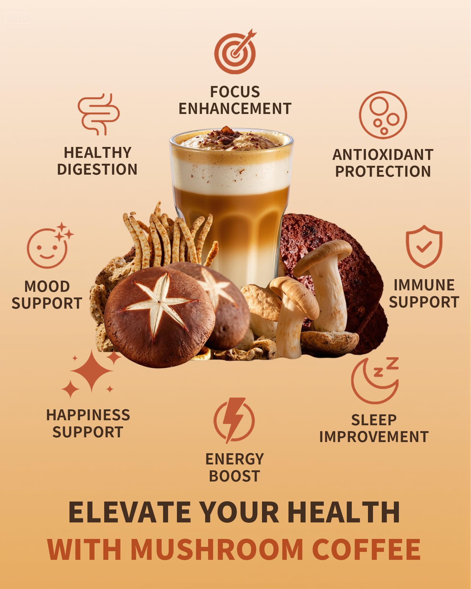 Illustration of 6 organic mushrooms used in the blend