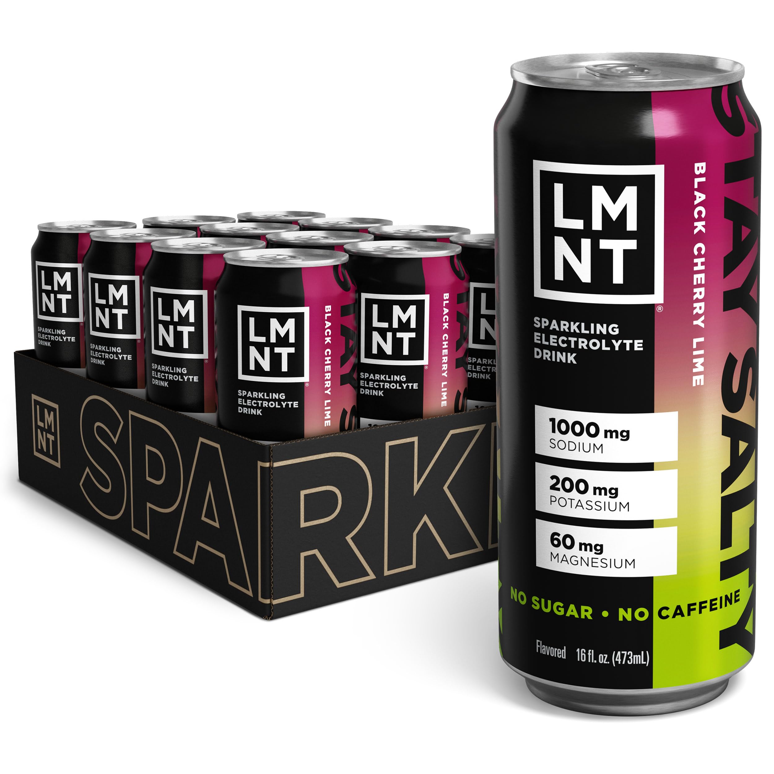 Front view of LMNT Sparkling Electrolyte Water can in Black Cherry Lime (12-count)