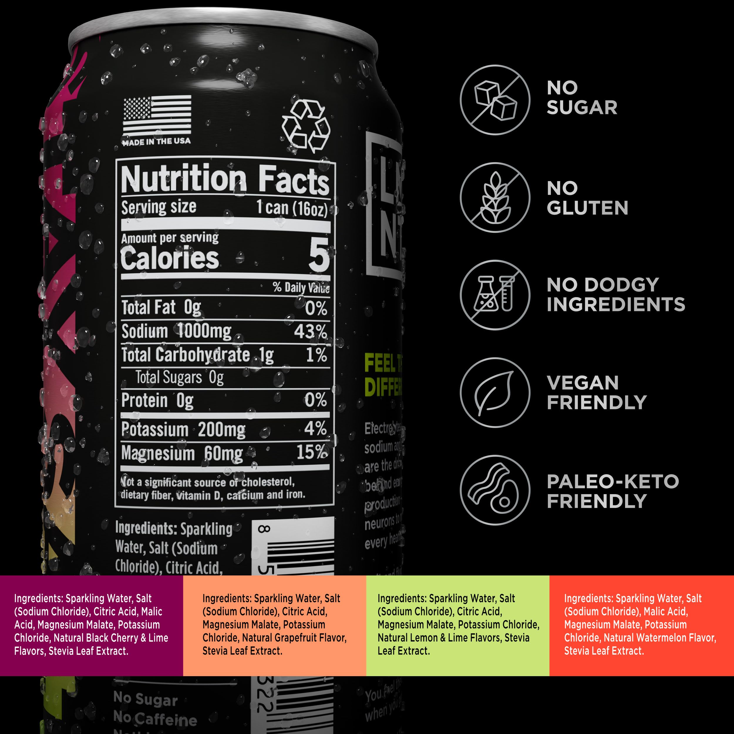 Assorted LMNT Sparkling Electrolyte Drink cans in pack