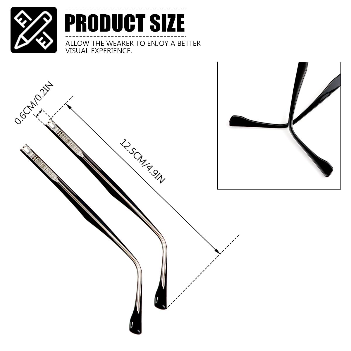 Black metal eyeglass arm with plastic components detail