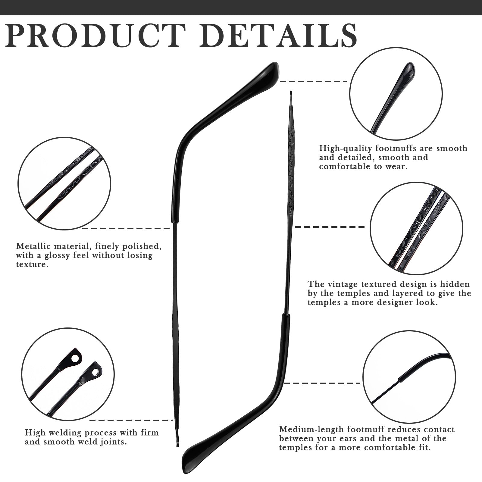 LNQ Lunqi black metal eyewear temple replacement – hinge area close-up
