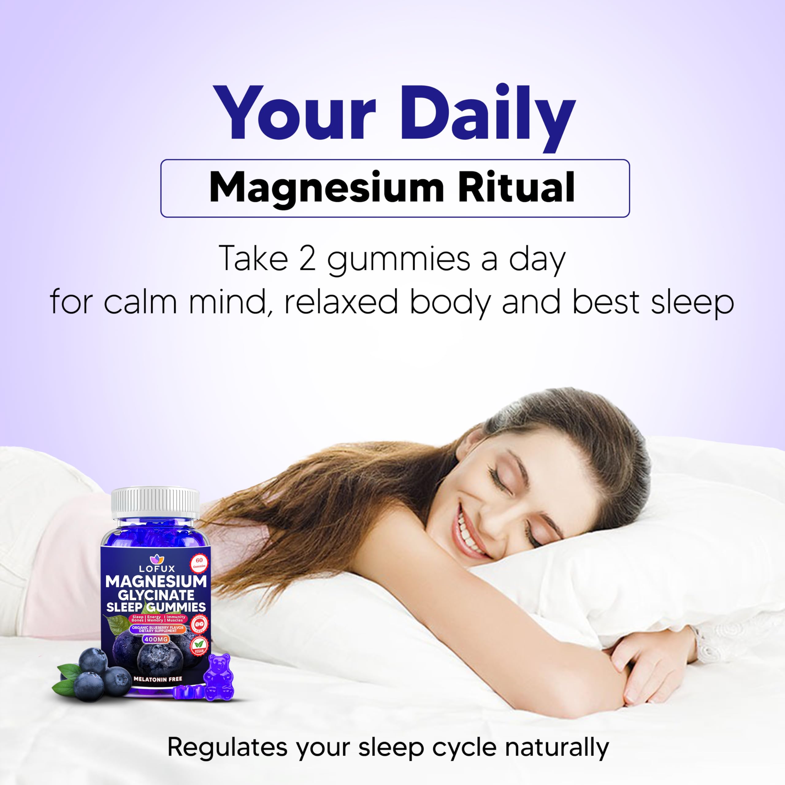 Close-up of blueberry-flavored magnesium glycinate gummy