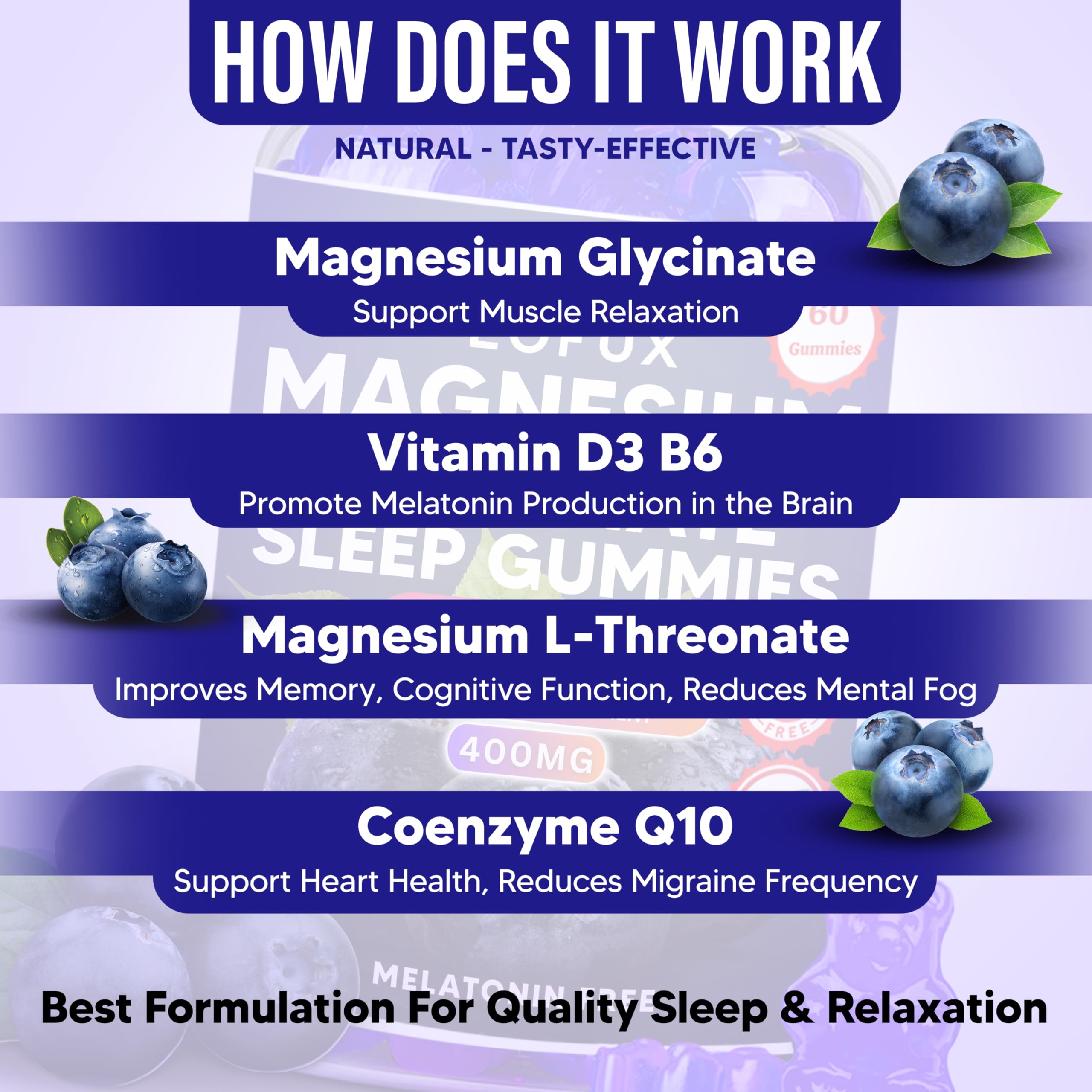 Ingredients panel showing magnesium glycinate with Vitamin D3 B6 CoQ10
