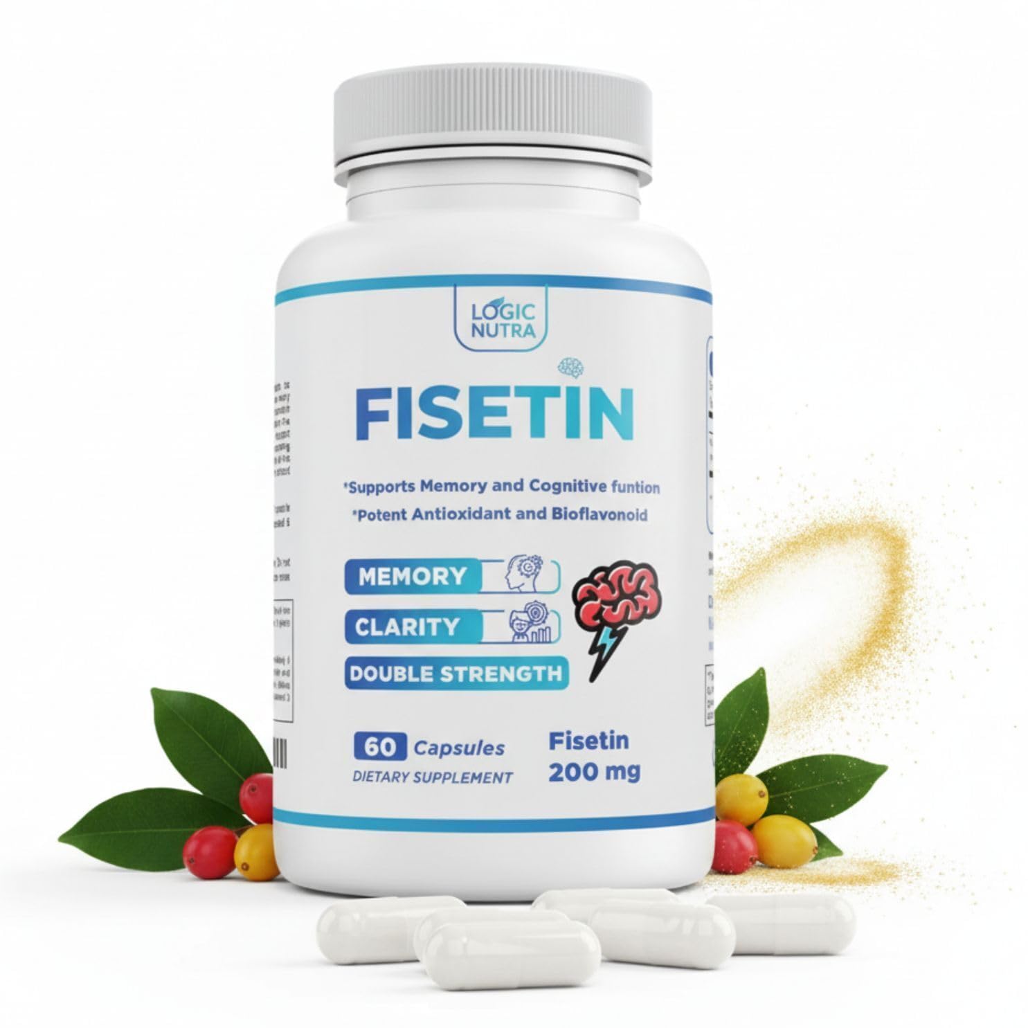 Front view of Logic Nutra Fisetin Double Strength bottle with 60 capsules
