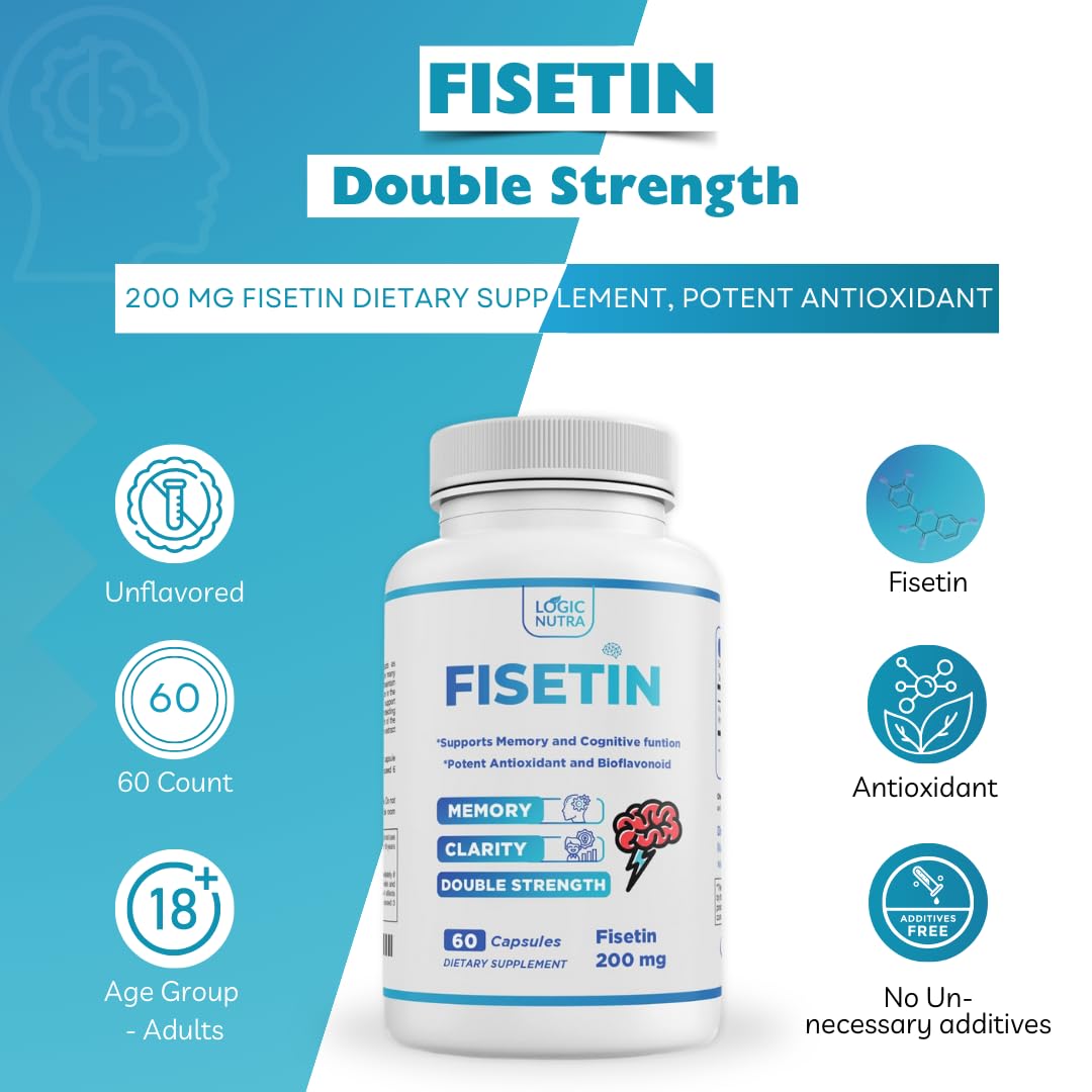 Label on Logic Nutra Fisetin Double Strength bottle showing 200 mg per capsule