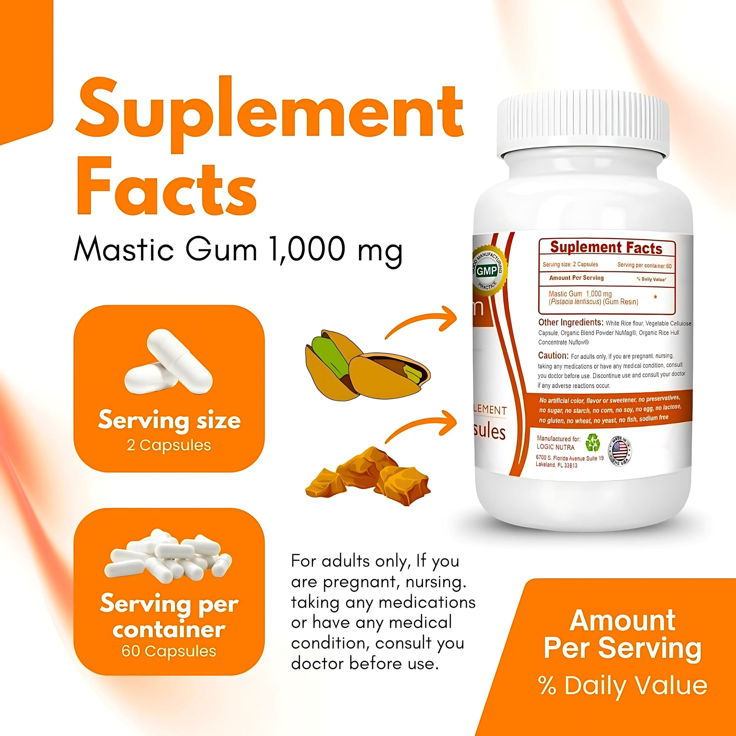 Close-up of 1000mg mastic gum capsules with label