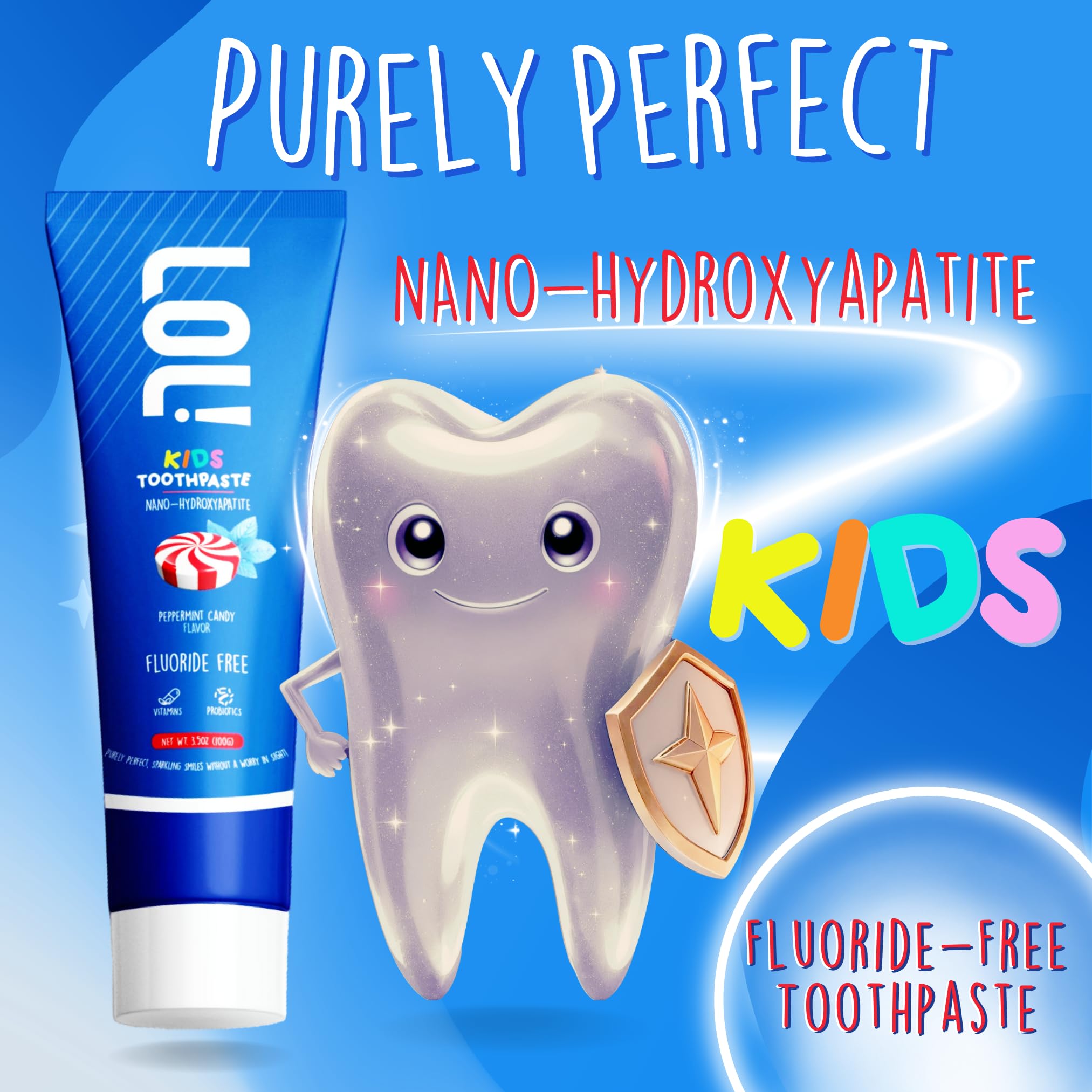 Close-up showing nano hydroxyapatite remineralization claim on LOL Kid Toothpaste
