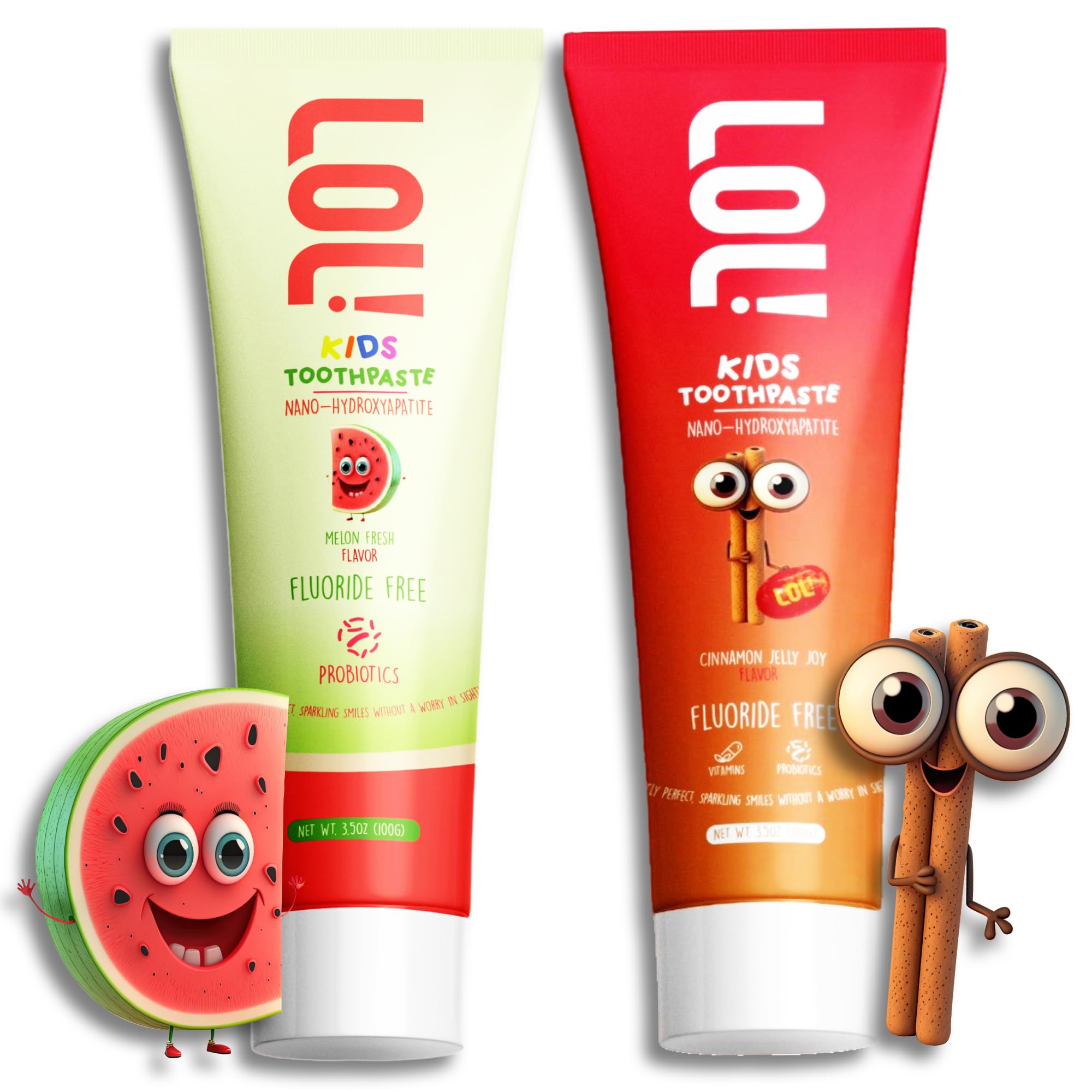Hero image showing LOL Kids Toothpaste with Cinnamon and Melon Fresh flavors