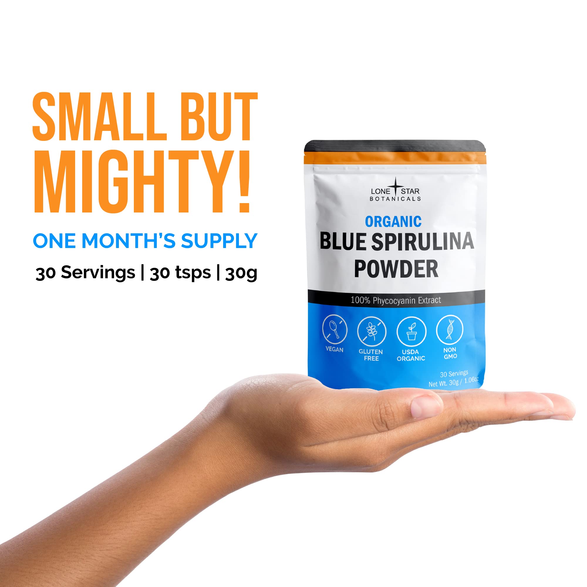 Blue spirulina powder bottle with label