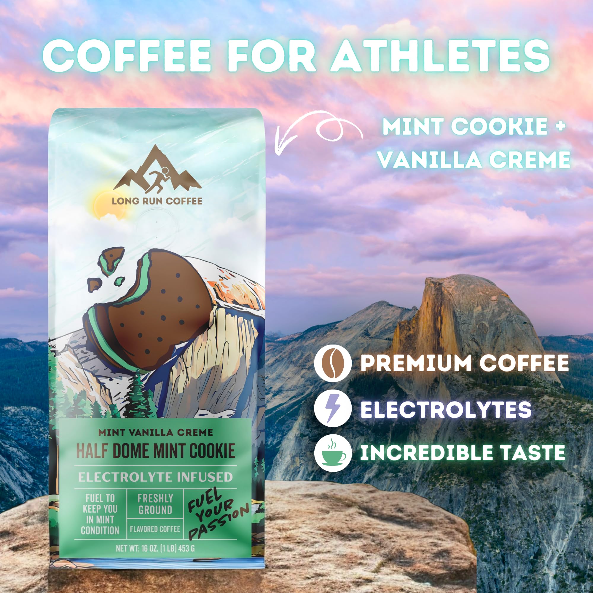 Long Run Coffee electrolyte pour glass demonstrating drinkable energy and stomach-friendly acidity.